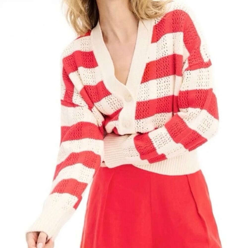 Toccin red Striped Crochet v neck Cardigan Small